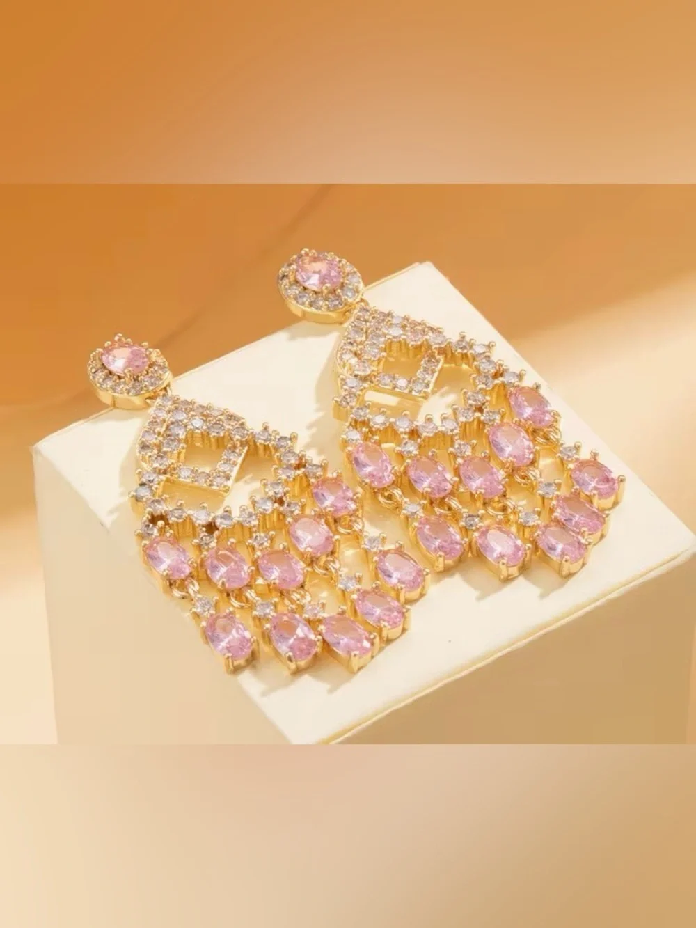 Gold-Tone Pink Crystal Chandelier Earrings